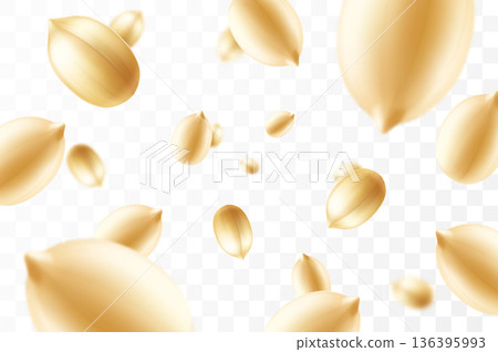 Falling peanuts, isolated on transparent background, selective focus. Flying peanut with blurry effect. Can be used for advertising, packaging, banner, poster. Realistic 3d vector illustration Falling peanuts, isolated on transparent background, selective focus. Flying peanut with blurry effect. Can be used for advertising, packaging, banner, poster. Realistic 3d vector illustration 136395993