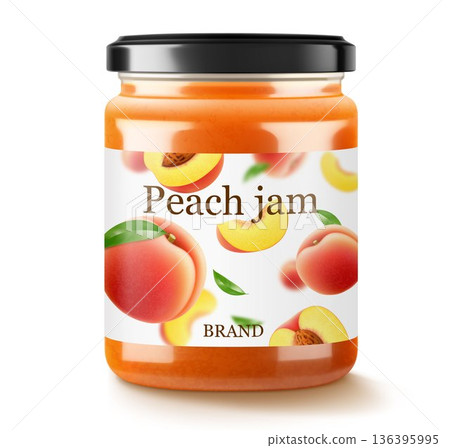 Jar with peach jam isolated on white background. Canned peach in a glass jar with lid and paper label, Realistic 3d vector illustration. Mockup , preserve in packaging. Jar with peach jam isolated on white background. Canned peach in a glass jar with lid and paper label, Realistic 3d vector illustration. Mockup , preserve in packaging. 136395995