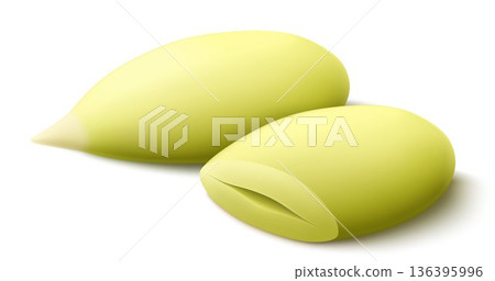 Whole and half peeled pumpkin seeds isolated on white background. Pumpkin seed in open shell, whole husk. Realistic 3d vector, close-up. Used for advertising, packaging, collage, web design food Whole and half peeled pumpkin seeds isolated on white background. Pumpkin seed in open shell, whole husk. Realistic 3d vector, close-up. Used for advertising, packaging, collage, web design food 136395996