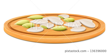 Pumpkin seeds on a wooden tray or cutting board. Whole and half pumpkin seeds isolated on white background. Realistic seeds. Tasty pumpkin kernels , a source of protein. 3d vector illustration. 136396000