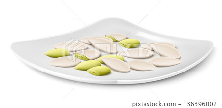 Pumpkin seeds on a white porcelain plate. Peeled and unpeeled pumpkin seeds isolated on white background. Pumpkin seeds kernels are ripe and tasty, a source of protein. 3d vector illustration. 136396002