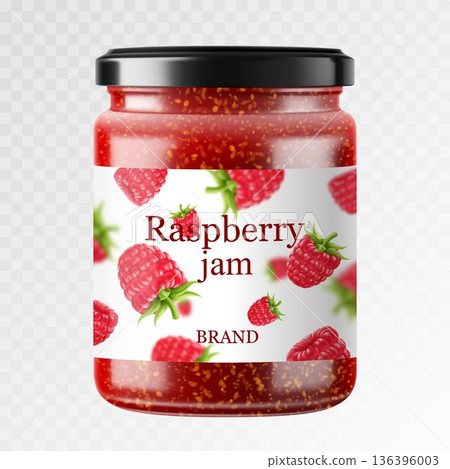 Raspberry jam in a glass jar and fresh berries isolated on white background. Realistic 3d Vector illustration of sweet homemade preserve. Preserved raspberry Compote or Jam, confiture or marmalade . 136396003