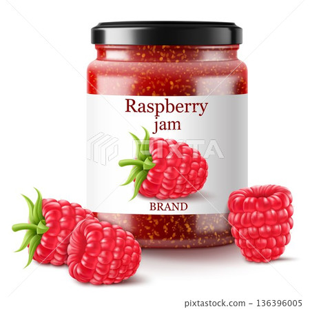 Raspberry jam in a glass jar and fresh berries isolated on white background. Realistic 3d Vector illustration of sweet homemade preserve. Preserved raspberry Compote or Jam, confiture or marmalade . 136396005