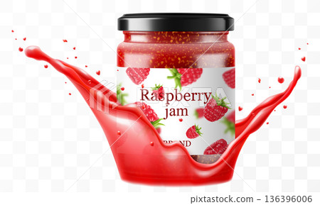 Glass Jar with Preserved raspberry Jam in a splash of raspberry juice isolated on transparent background. raspberry jam or Compote in glass jar with black lid. Realistic 3d vector Illustration. 136396006