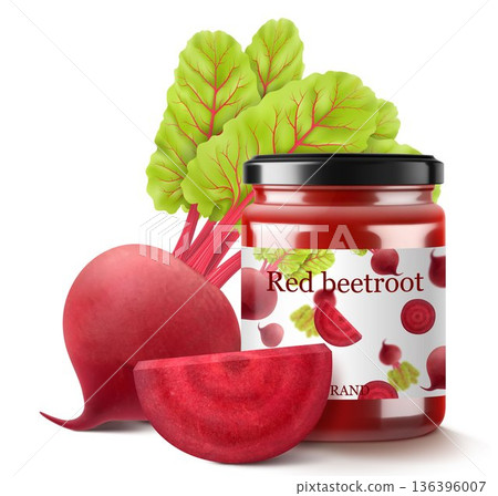 Beetroot smoothie in glass jar, a glass jar of beetroot juice or borscht dressing. Realistic 3d vector Illustration. Glass Jar with Preserved Beetroot. Natural organic food label. Beetroot smoothie in glass jar, a glass jar of beetroot juice or borscht dressing. Realistic 3d vector Illustration. Glass Jar with Preserved Beetroot. Natural organic food label. 136396007