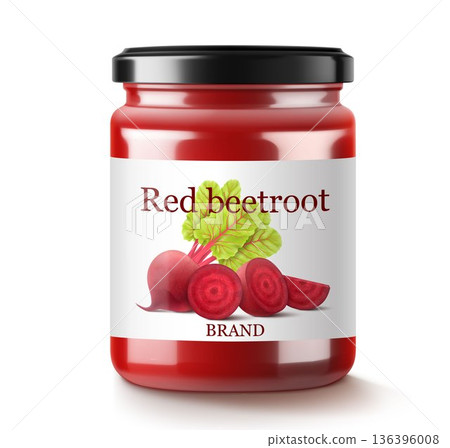 Beetroot smoothie in glass jar, a glass jar of beetroot juice or borscht dressing. Realistic 3d vector Illustration. Glass Jar with Preserved Beetroot. Natural organic food label. Beetroot smoothie in glass jar, a glass jar of beetroot juice or borscht dressing. Realistic 3d vector Illustration. Glass Jar with Preserved Beetroot. Natural organic food label. 136396008