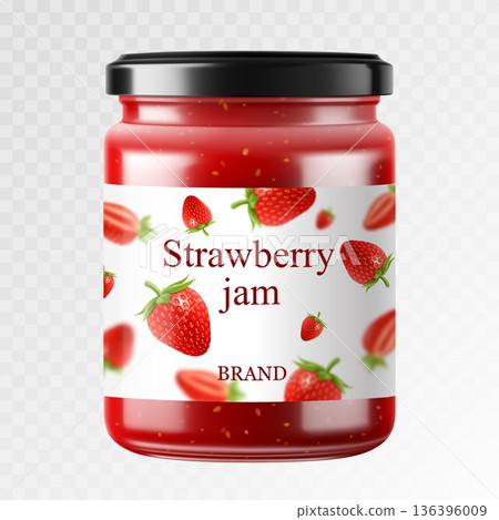 Strawberry jam in a glass jar and fresh berries isolated on white background. Realistic 3d Vector illustration of sweet homemade preserve. Preserved strawberry Compote or Jam, confiture or marmalade . 136396009
