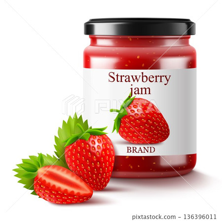 Strawberry jam in a glass jar and fresh berries isolated on white background. Realistic 3d Vector illustration of sweet homemade preserve. Preserved strawberry Compote or Jam, confiture or marmalade . Strawberry jam in a glass jar and fresh berries isolated on white background. Realistic 3d Vector illustration of sweet homemade preserve. Preserved strawberry Compote or Jam, confiture or marmalade . 136396011