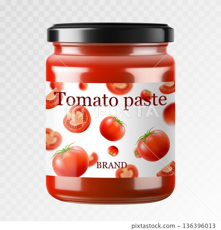 Tomato sauce canned in glass jar with screw metal lid, Vegetables home preservation. Ketchup, taco or tomato juice conservation isolated, 3d realistic vector illustration set 136396013