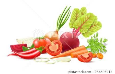 Composition with tomatoes, onions, carrots, beets and peppers isolated on white background. Fresh ripe vegetables in realistic style. 3d vector design. 136396018