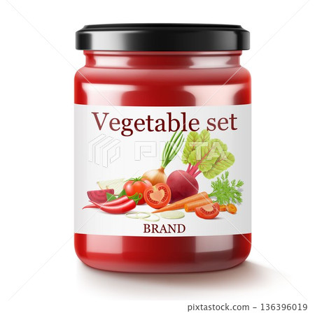 Vegetable smoothie or borscht dressing made from carrots, beets, onions and tomatoes in glass jar. Realistic 3d vector Illustration. Glass Jar with Preserved Beetroot. Natural organic food label. 136396019