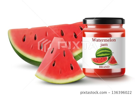 Glass jar with homemade watermelon jam, isolated on white background. Label with slice watermelon on a jar. Sweet homemade preserve watermelon jam or juice .Realistic 3d Vector illustration Glass jar with homemade watermelon jam, isolated on white background. Label with slice watermelon on a jar. Sweet homemade preserve watermelon jam or juice .Realistic 3d Vector illustration 136396022