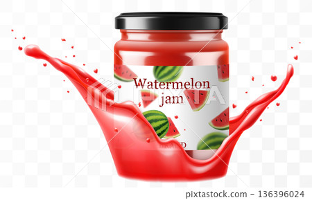 Glass jar with homemade watermelon jam in a splash of watermelon juice, isolated on white background. Sweet homemade preserve watermelon jam or juice .Realistic 3d Vector illustration Glass jar with homemade watermelon jam in a splash of watermelon juice, isolated on white background. Sweet homemade preserve watermelon jam or juice .Realistic 3d Vector illustration 136396024