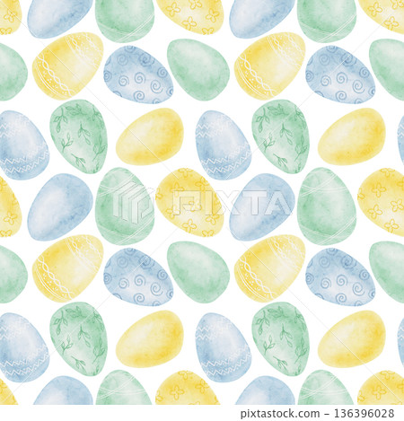 Colorful Easter eggs in pastel blue, yellow and green as watercolor clipart, hand drawn seamless pattern. Suitable for kids products, wrapping paper, scrapbook layouts and surface design Colorful Easter eggs in pastel blue, yellow and green as watercolor clipart, hand drawn seamless pattern. Suitable for kids products, wrapping paper, scrapbook layouts and surface design 136396028