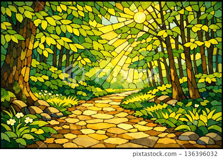 森林、林間小徑、林間道路、陽光透過樹木灑下，照片級寫實 136396032