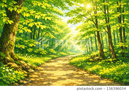 Forest, forest path, forest road, sunlight filtering through the trees, anime style 136396034
