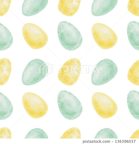 Pastel Easter eggs in yellow, green and blue colors as watercolor illustration, hand drawn seamless pattern. Ideal for wallpaper design, fabric printing, stationery sets and spring packaging 136396037