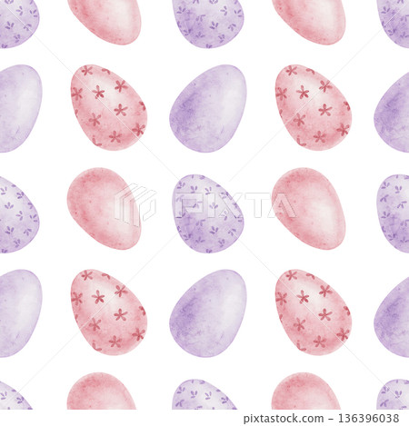 Decorated Easter eggs in lavender, pink and yellow tones as watercolor clipart, hand drawn seamless pattern. Designed for scrapbook paper, wrapping paper, textiles, invitations Decorated Easter eggs in lavender, pink and yellow tones as watercolor clipart, hand drawn seamless pattern. Designed for scrapbook paper, wrapping paper, textiles, invitations 136396038
