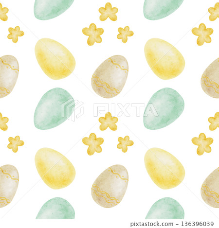Easter eggs and small flowers in pastel yellow, green and beige as watercolor illustration, hand drawn seamless pattern. Perfect for spring stationery, gift wrap, fabric prints Easter eggs and small flowers in pastel yellow, green and beige as watercolor illustration, hand drawn seamless pattern. Perfect for spring stationery, gift wrap, fabric prints 136396039