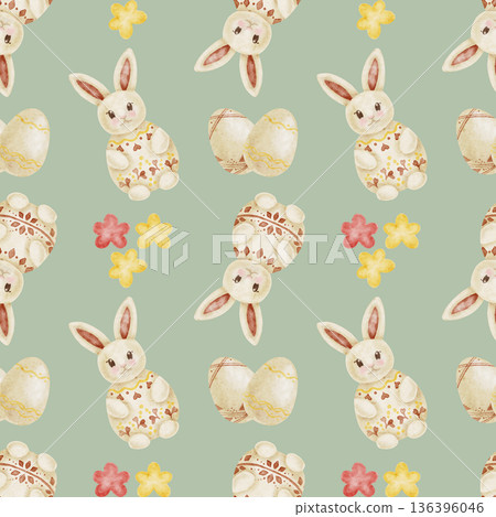 Easter rabbits, eggs and small flowers in sage green and cream colors as watercolor clipart, hand drawn seamless pattern. Ideal for wallpaper, fabric printing, planners, packaging 136396046