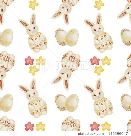 Bunny rabbits, Easter eggs and floral elements in pastel beige and pink as watercolor illustration, hand drawn seamless pattern. Designed for wrapping paper, stationery design, textiles 136396047