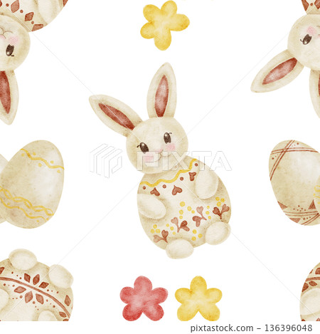 Easter rabbits, decorated eggs and flowers in soft beige and pastel yellow as watercolor clipart, hand drawn seamless pattern. Great for greeting cards, fabric prints, scrapbook paper and kids 136396048