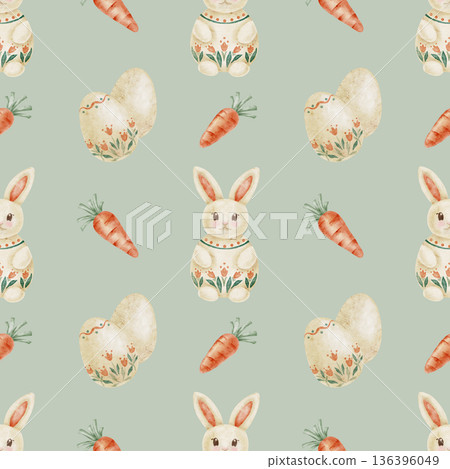 Easter bunnies, eggs and carrots in sage green and cream tones as watercolor illustration, hand drawn seamless pattern. Suitable for nursery textiles, wallpaper design, stationery 136396049