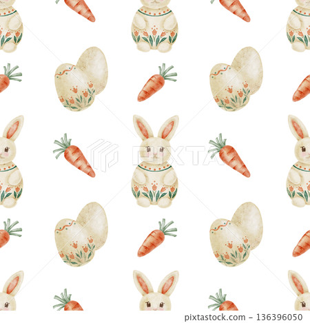 Rabbit characters, Easter eggs and carrots in warm beige and pastel orange as watercolor clipart, hand drawn seamless pattern. Ideal for kids apparel, wrapping paper, invitations, posters 136396050