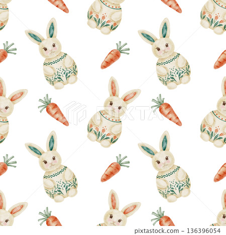 Decorated Easter bunnies and carrots in beige, pastel green and muted orange as watercolor clipart, hand drawn seamless pattern. Suitable for greeting cards, scrapbook paper, textiles, kids products Decorated Easter bunnies and carrots in beige, pastel green and muted orange as watercolor clipart, hand drawn seamless pattern. Suitable for greeting cards, scrapbook paper, textiles, kids products 136396054