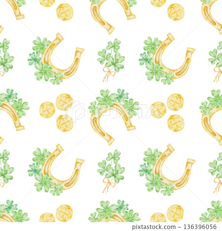 Golden horseshoes, green shamrocks and coin accents in repeating layout, watercolor illustration seamless pattern, hand drawn for St Patricks Day designs for textiles, packaging, invitations, party Golden horseshoes, green shamrocks and coin accents in repeating layout, watercolor illustration seamless pattern, hand drawn for St Patricks Day designs for textiles, packaging, invitations, party 136396056