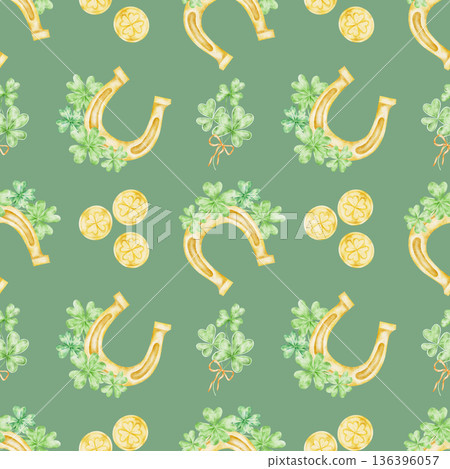 Yellow horseshoes, green clovers and gold coins illustrated in watercolor clipart seamless pattern, hand drawn for St Patricks Day themed fabric printing, gift wrap, stationery, scrapbook papers Yellow horseshoes, green clovers and gold coins illustrated in watercolor clipart seamless pattern, hand drawn for St Patricks Day themed fabric printing, gift wrap, stationery, scrapbook papers 136396057