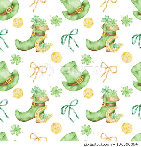 Green leprechaun hats, shamrocks, bows and gold coins illustrated in watercolor clipart seamless pattern, hand drawn for St Patricks Day designs for kids apparel, party supplies, textiles, stationery 136396064