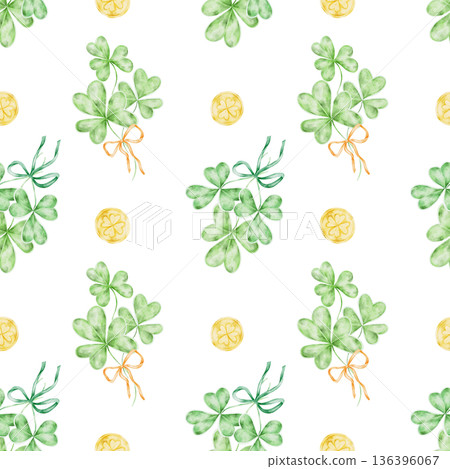 Green clover bouquets tied with ribbons and yellow coins, watercolor illustration seamless pattern, hand drawn for St Patricks Day themed textiles, gift wrap, scrapbook papers, stationery 136396067