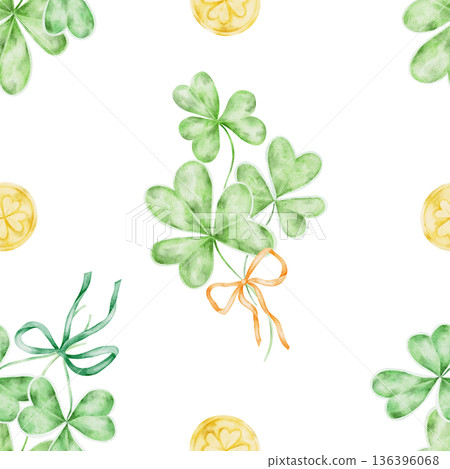 Large green shamrocks with yellow coin details illustrated in watercolor clipart seamless pattern, hand drawn for St Patricks Day designs, for fabric prints, party decor, stationery, packaging Large green shamrocks with yellow coin details illustrated in watercolor clipart seamless pattern, hand drawn for St Patricks Day designs, for fabric prints, party decor, stationery, packaging 136396068
