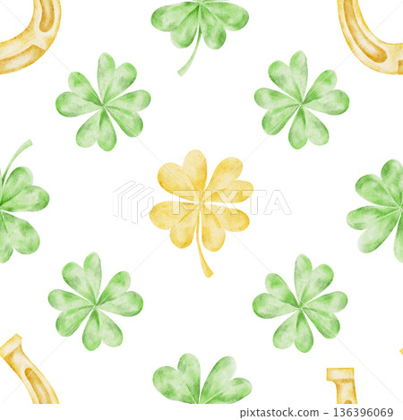 Green shamrocks and yellow clovers painted in watercolor tones, seamless pattern hand drawn for St Patricks Day clipart use in nursery prints, textiles, scrapbook supplies, gift wrap, invitations Green shamrocks and yellow clovers painted in watercolor tones, seamless pattern hand drawn for St Patricks Day clipart use in nursery prints, textiles, scrapbook supplies, gift wrap, invitations 136396069