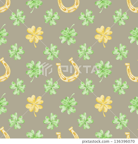 Golden horseshoes, green clovers and yellow accents on muted green colors, watercolor illustration seamless pattern, hand drawn for St Patricks Day merchandise including fabric, wrapping paper Golden horseshoes, green clovers and yellow accents on muted green colors, watercolor illustration seamless pattern, hand drawn for St Patricks Day merchandise including fabric, wrapping paper 136396070