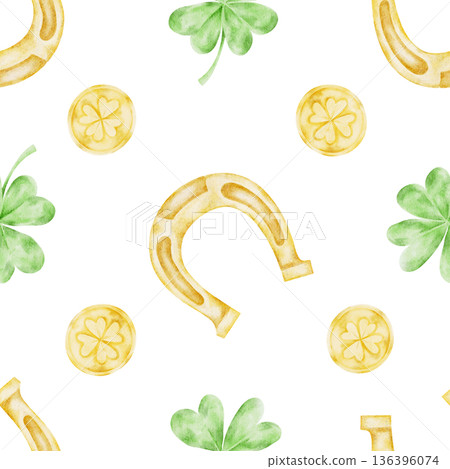 Golden horseshoes, green shamrocks and yellow coins in soft tones, watercolor illustration seamless pattern, hand drawn for St Patricks Day gift wrap, fabric prints, stationery, party decor Golden horseshoes, green shamrocks and yellow coins in soft tones, watercolor illustration seamless pattern, hand drawn for St Patricks Day gift wrap, fabric prints, stationery, party decor 136396074
