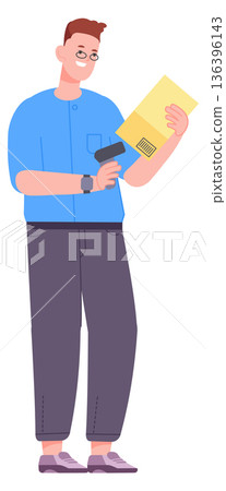 Operator check parcel barcode label on shipping box Operator check parcel barcode label on shipping box 136396143