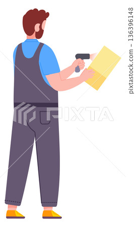 Man scan logistic document. Warehouse employee character 136396148