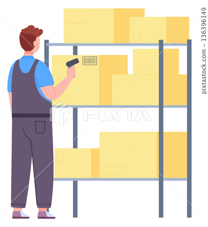Storehouse employee scanning shipping box barcode on storage shelf 136396149