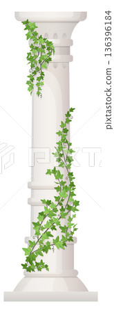 Stone pillar with hanging creepers. Green branches column Stone pillar with hanging creepers. Green branches column 136396184