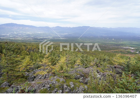 Mount Asama, Gunma Prefecture. View of the Oni no Oshidashi lava from the high ground of the Skyrock Trail. October 18, 2025. Mount Asama, Gunma Prefecture. View of the Oni no Oshidashi lava from the high ground of the Skyrock Trail. October 18, 2025. 136396407