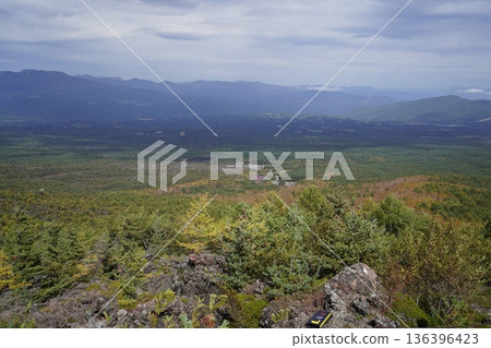 Mount Asama, Gunma Prefecture. View of the Oni no Oshidashi lava from the high ground of the Skyrock Trail. October 18, 2025. Mount Asama, Gunma Prefecture. View of the Oni no Oshidashi lava from the high ground of the Skyrock Trail. October 18, 2025. 136396423
