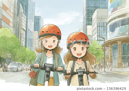年輕女性推著電動滑板車排成一列 | 辦公區的寧靜一天 136396429