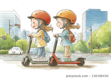 兩名女子並排騎著電動滑板車 | 安全至上的城市出行 136396430