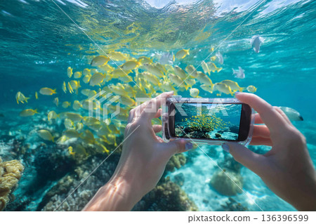A close-up of hands holding a waterproof camera underwater, capturing images of a vibrant school of fish, emphasizing digital memory. A close-up of hands holding a waterproof camera underwater, capturing images of a vibrant school of fish, emphasizing digital memory. 136396599