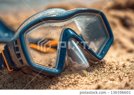 A close-up of snorkeling gear: a mask and snorkel resting on warm, dry sand, ready for the next underwater adventure. 136396601