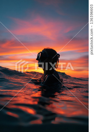 A silhouetted snorkeler floating calmly on the surface at sunset, watching the vibrant colors fade across the sky and water. 136396603