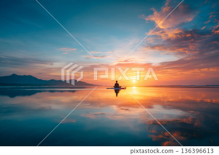 The tranquil reflection of a snorkeler on perfectly still ocean water at sunrise, creating a mirror-like image of peace and symmetrical beauty. The tranquil reflection of a snorkeler on perfectly still ocean water at sunrise, creating a mirror-like image of peace and symmetrical beauty. 136396613