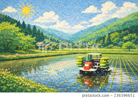 Rice planting, rice field, rice cultivation, Satoyama landscape, May, sand painting style 136396651